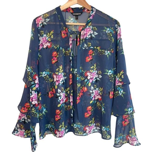 Express Floral Tiered Sleeve Semi Sheer Top - Picture 1 of 8